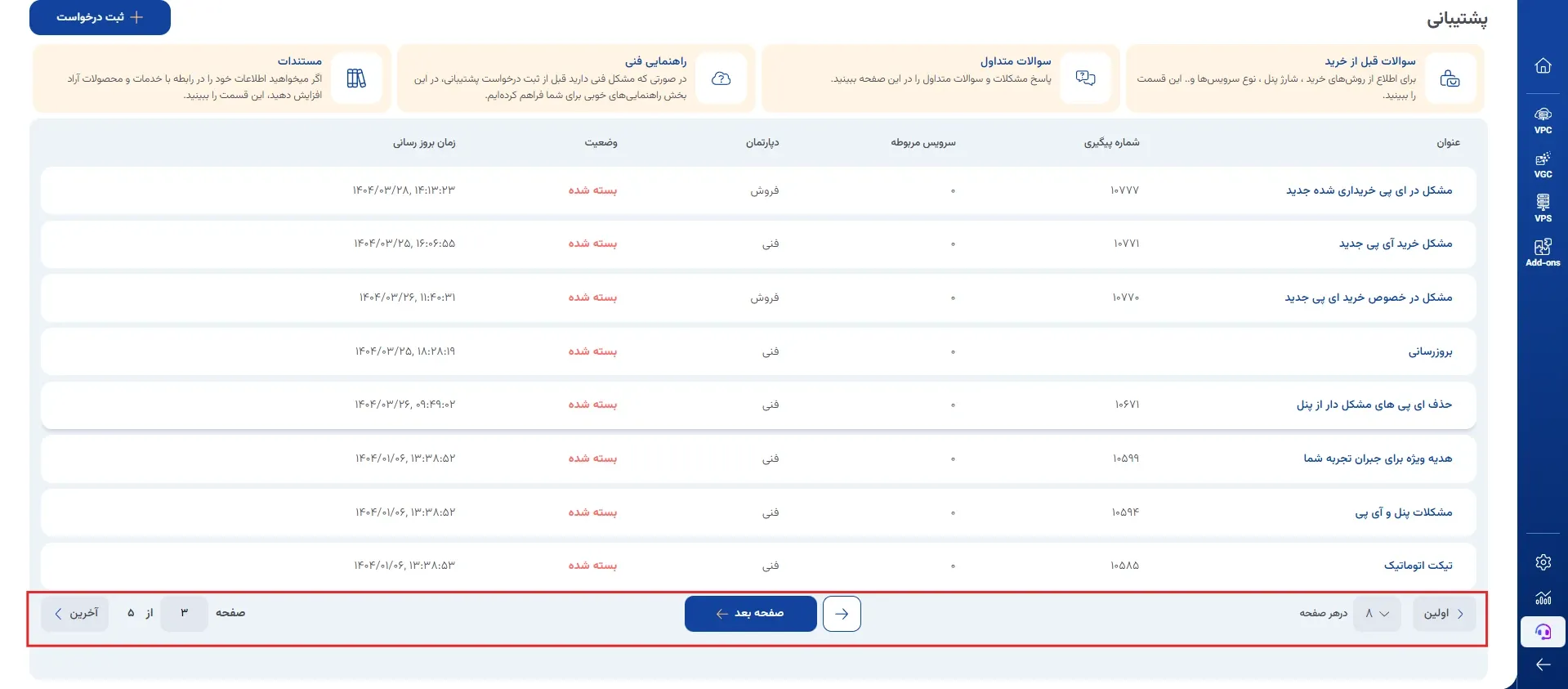 نمای ۳. مدیریت و فیلتر تیکت‌ها در پنل ابر آراد