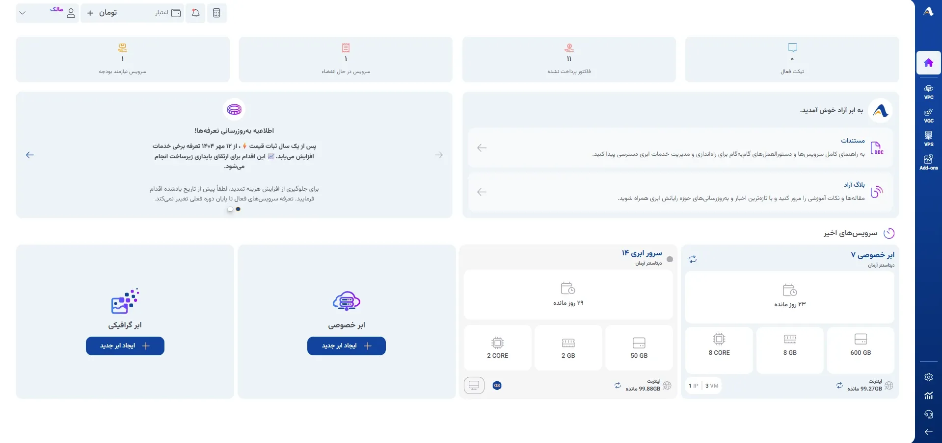 نمای داشبورد در پنل ابر آراد