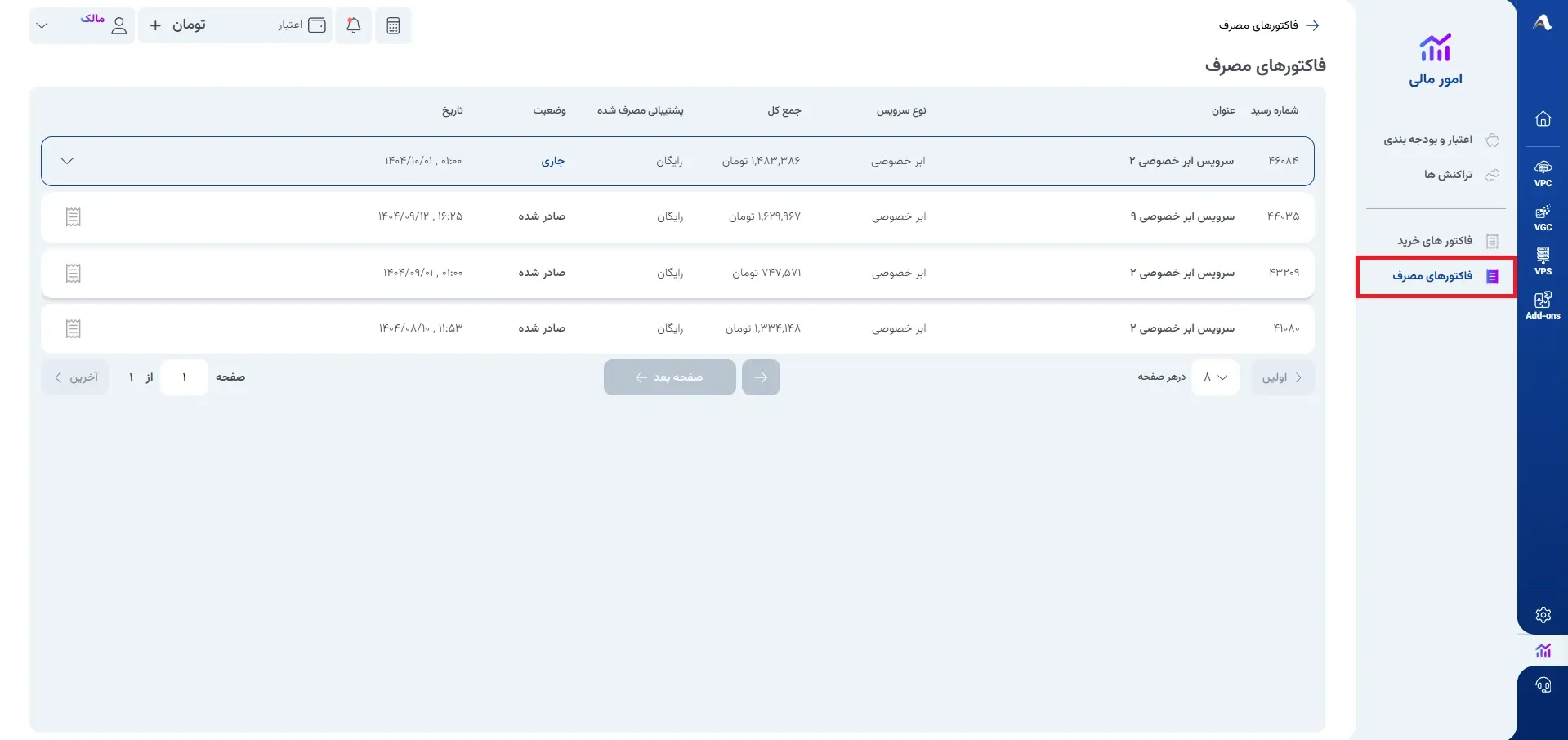 نمای فاکتورهای مصرف در پنل ابر آراد