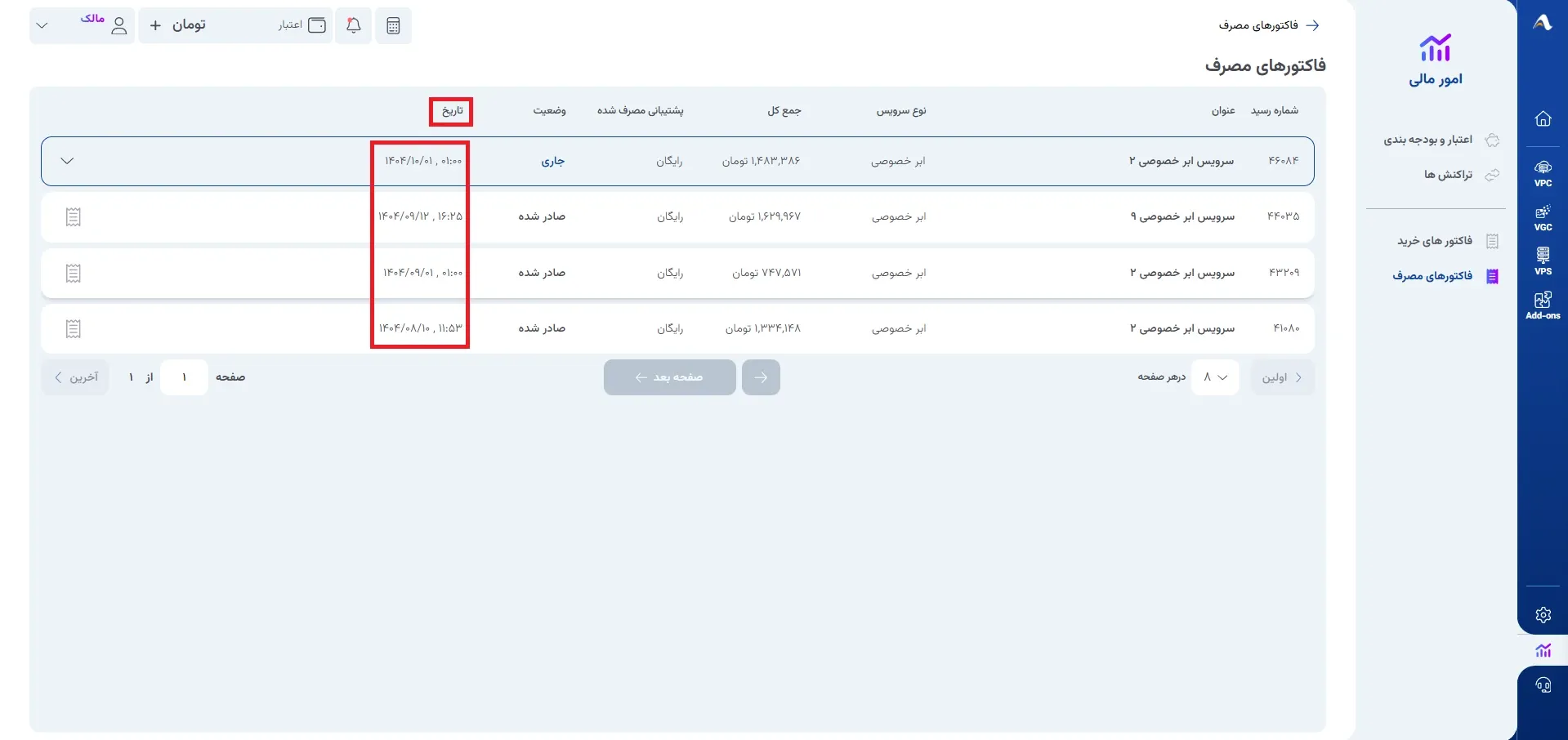 نمای ستون‌های جدول فاکتورهای مصرف در پنل ابر آراد، مرحله 7