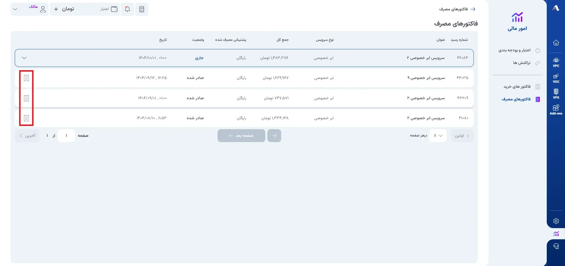 نمای ستون‌های جدول فاکتورهای مصرف در پنل ابر آراد، مرحله 8