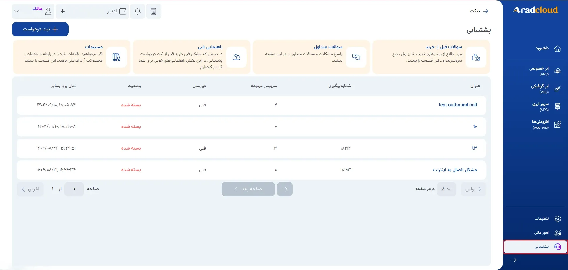 نمای پشتیبانی در پنل ابر آراد