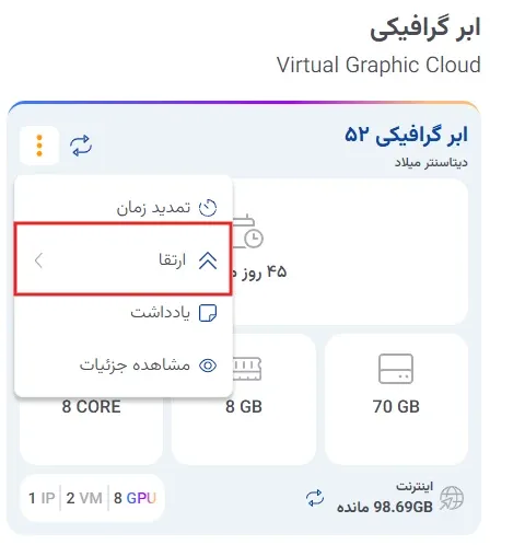 نمای ارتقا منابع ابر گرافیکی در پنل ابر آراد