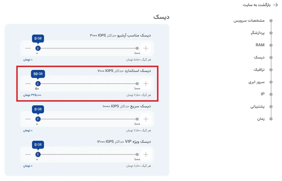 نمای تنظیمات منابع اصلی در پنل ابر آراد، مرحله 6